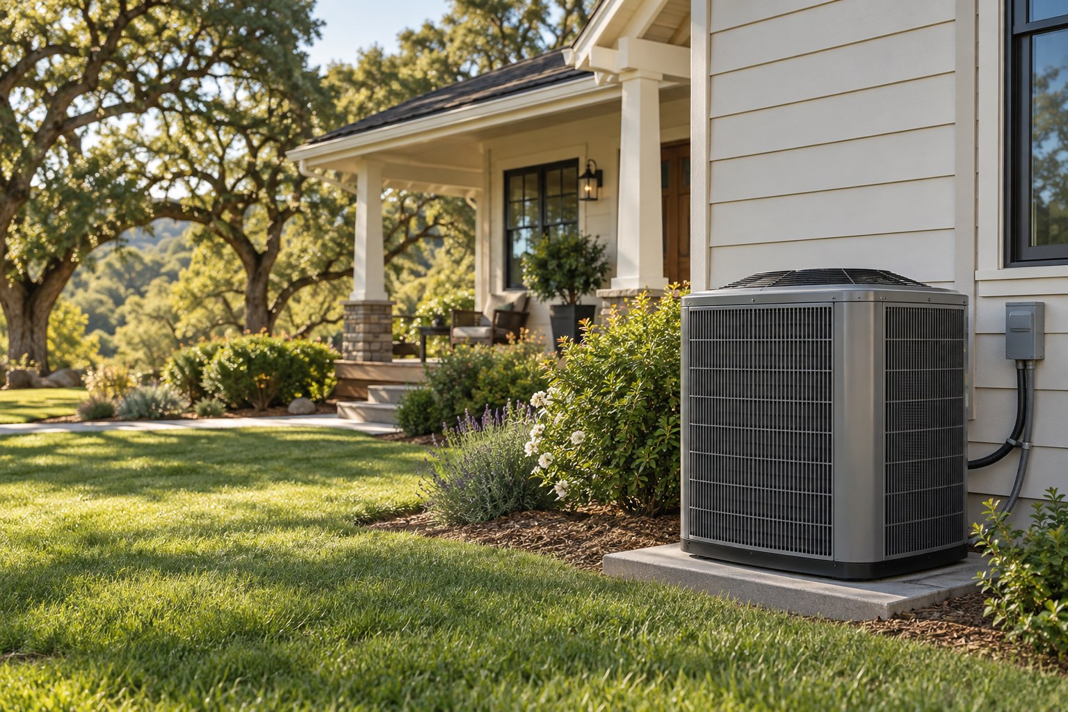 Outdoor air conditioning system beside a welcoming home